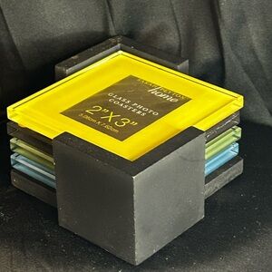 Vintage Sarah Payton 2010 4-Color Solid Glass Photo Coasters w Black Wood Holder